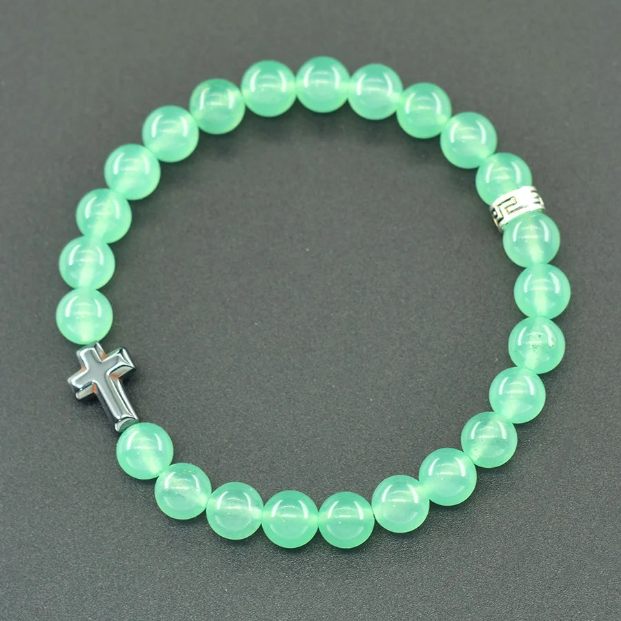 Prayer Cross Charm Natural Stone Beads Bracelet Men Women Rosary Hematite Cross Bracelet Onyx Meditation Bracelet Yoga Jewelry  (GoldenCity)