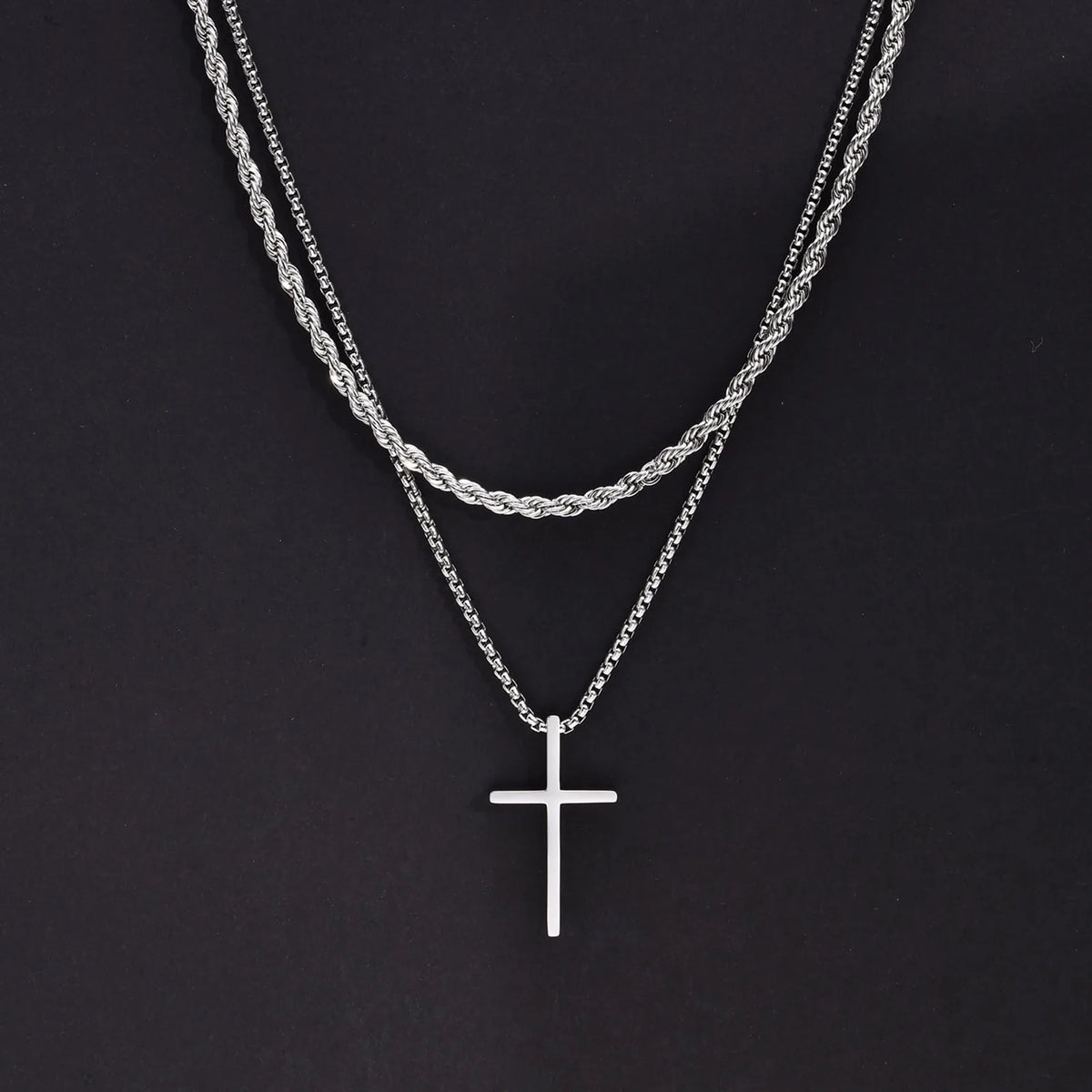 Mens Cross Necklaces, Stainless Steel Layered Plain Cross Pendant, Rope Box Chain Necklace, Simple Prayer Jesus Collar  (GoldenCity)