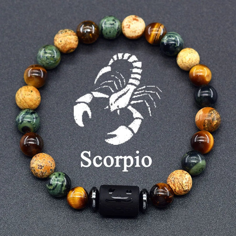 12 Zodiac Sign Bracelet Homme Constellation Bangle Natural Yellow Tiger Eye Stone Hematite Cancer Virgo Leo Libra Bracelet Women  (GoldenCity)