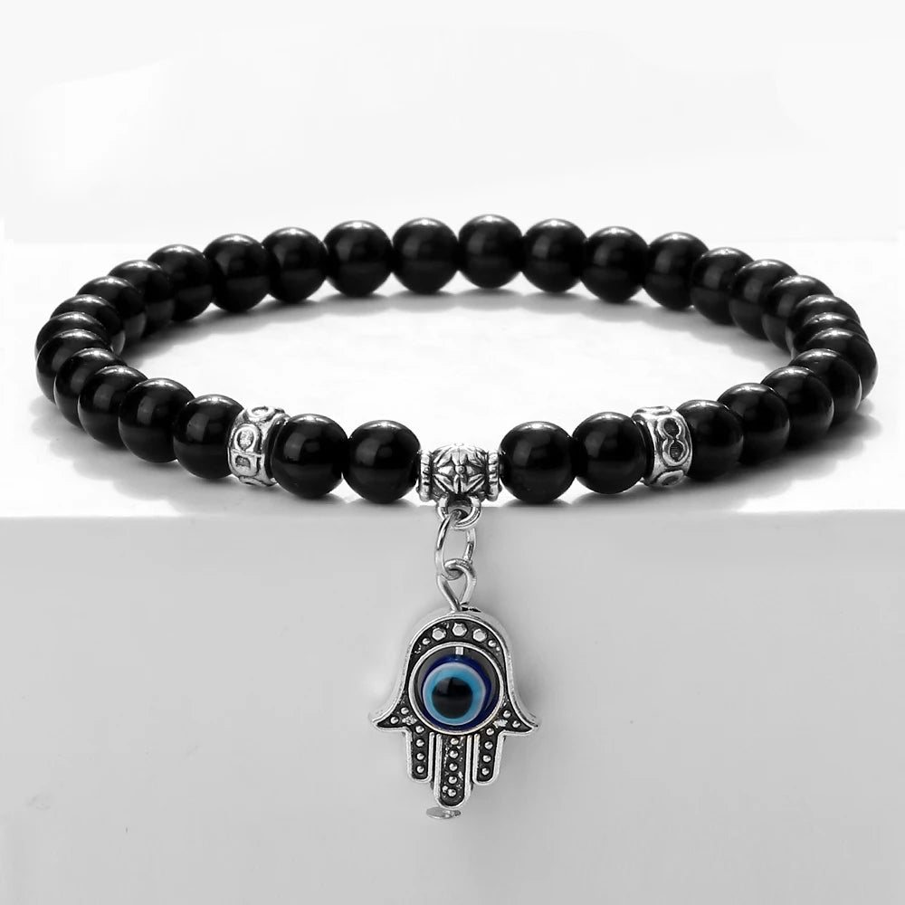 New 6MM Black Polish Beaded Bracelet Lucky Turkish Evil Eye Alloy Pendant Couple Bracelet&Bangles Chain Jewelry Gift for Friend  (GoldenCity)