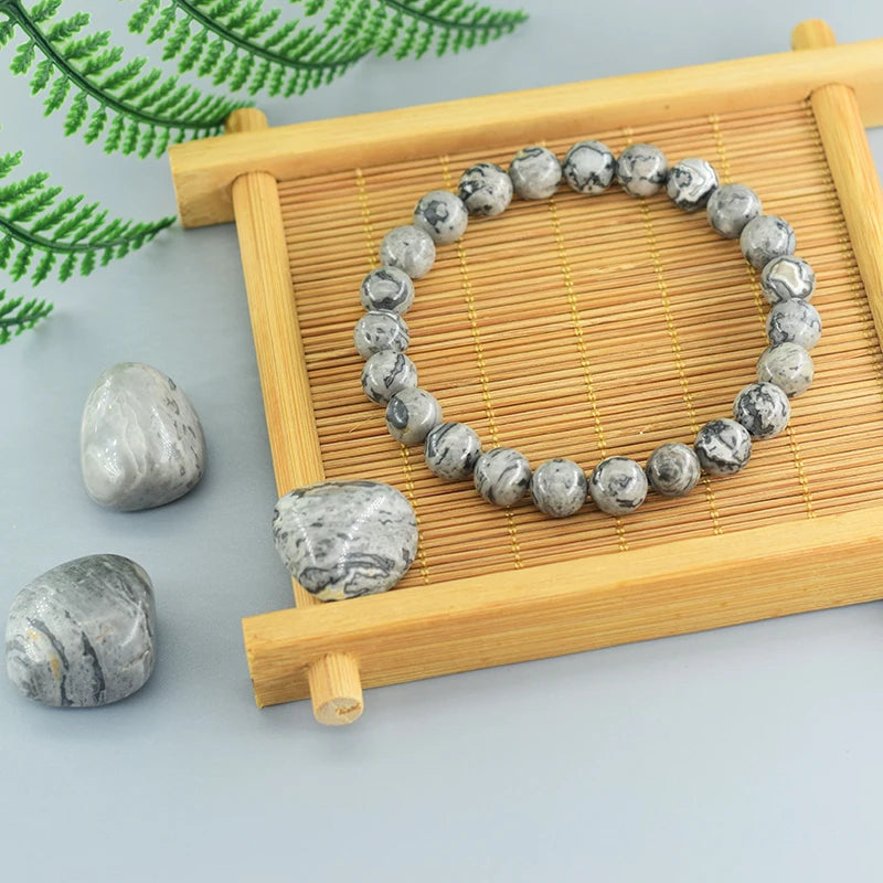 Real Natural Gray Picasso Map Stone Round Beads Stone Beads Bracelet Homme Energy Healing Jewelry for Women Yoga Meditation Gift  (GoldenCity)