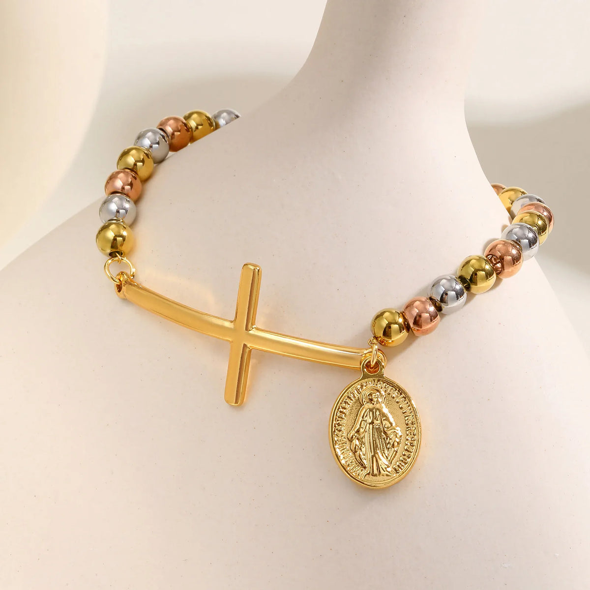 Saint Benedict Cross Bracelets,Stainless Steel Bead Chain Stretch Strand Bracelets For Women Men,Religion Jewelry Christ  (GoldenCity)