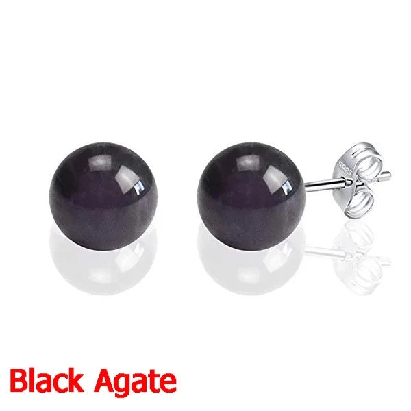 Fashion Simple Classic Natural Stone Opal Crystal Amethyst Aventurine Ball Round Bead Silver Stud Earring for Women Jewelry Gift  (GoldenCity)
