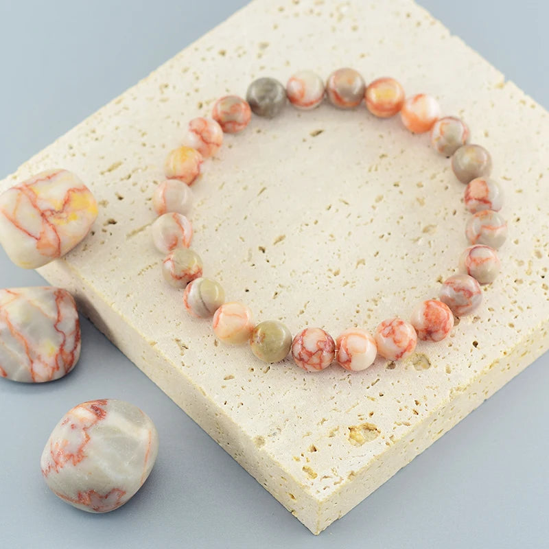 Natural Stone Round Red Spider Web Stripe Network Beads Bracelet Women Stretch Handmade Jewelry Men Red Picasso Beads Wholesale  (GoldenCity)