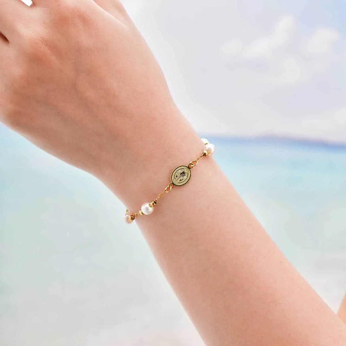 Metal Virgin Mary Saint Benedict Cross Bracelet, Stainless Steel Bead Pearl Chain Bracelets For Women Religious Jewelry  (GoldenCity)