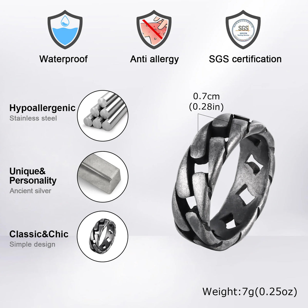 Men Vintage Oxidized Stainless Steel Rings, Links Shaped Finger Band, Punk Rock Male Alliance  (GoldenCity)