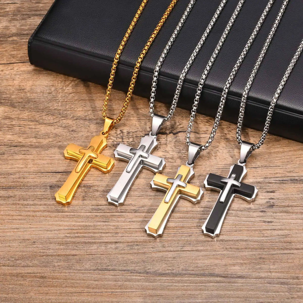 Chunky Three Layered Cross Necklaces for Men, Black Silver Color Stainless Steel Bold Faith Cross Pendant,Hip Hop Necklace  (GoldenCity)