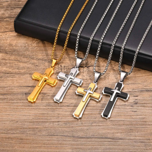 Chunky Three Layered Cross Necklaces for Men, Black Silver Color Stainless Steel Bold Faith Cross Pendant,Hip Hop Necklace  (GoldenCity)