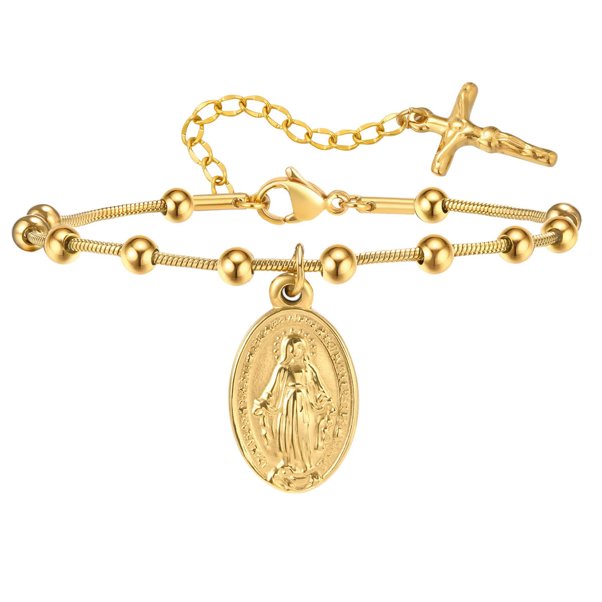 Double Sides Women Rosary Bracelets,Gold Plated Stainless Steel Religious Prayer Charm Bracelet,Cross Virgin Mary Bracelets  (GoldenCity)