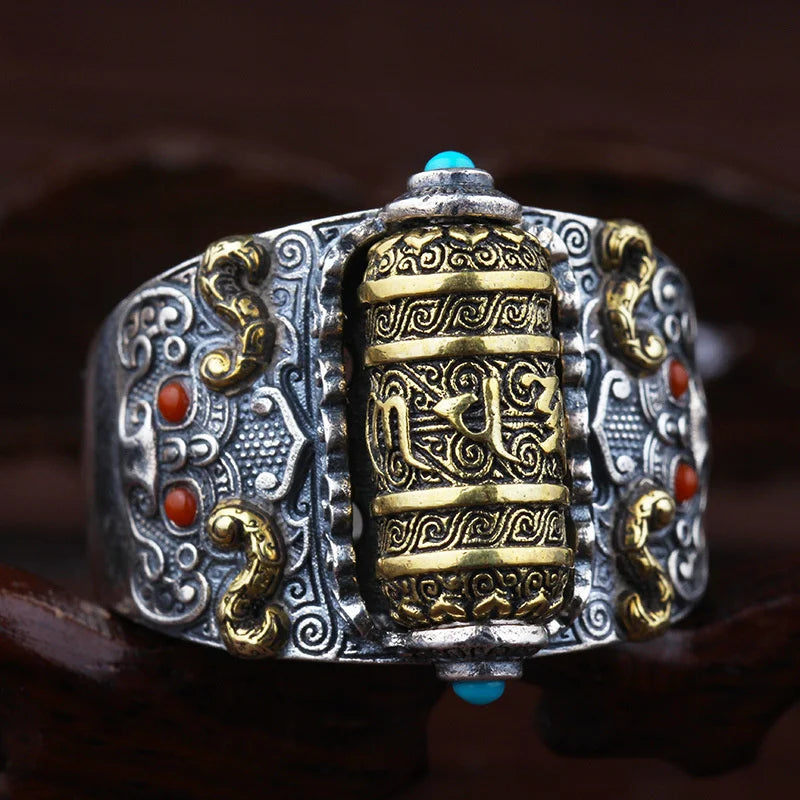 Retro Buddhist Scripture Ring Can Be Rotatable For Men Jewelry Personality Silver 925 Ring Adjustable Male Index Finger Bijou  (GoldenCity)