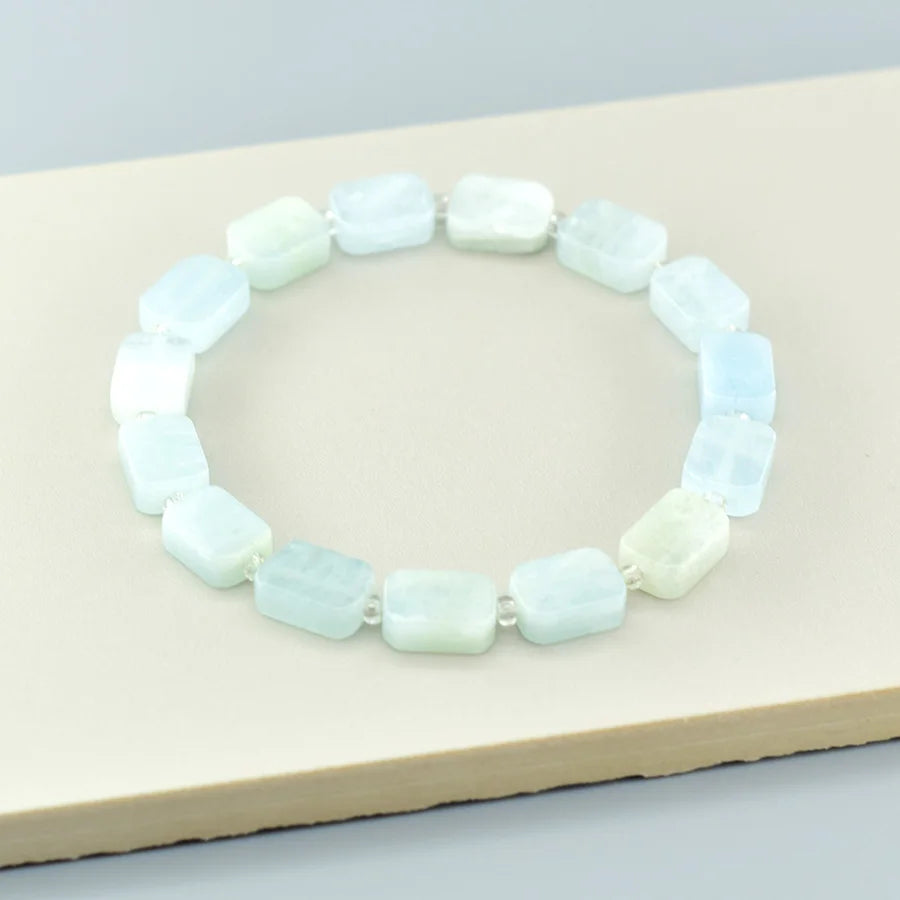 8*12MM Natural Stone Flat Rectangle Aquamarine Bracelet for Women Men Natural Crystal Purfy the Soul Jewelry Gift for Girfriend  (GoldenCity)