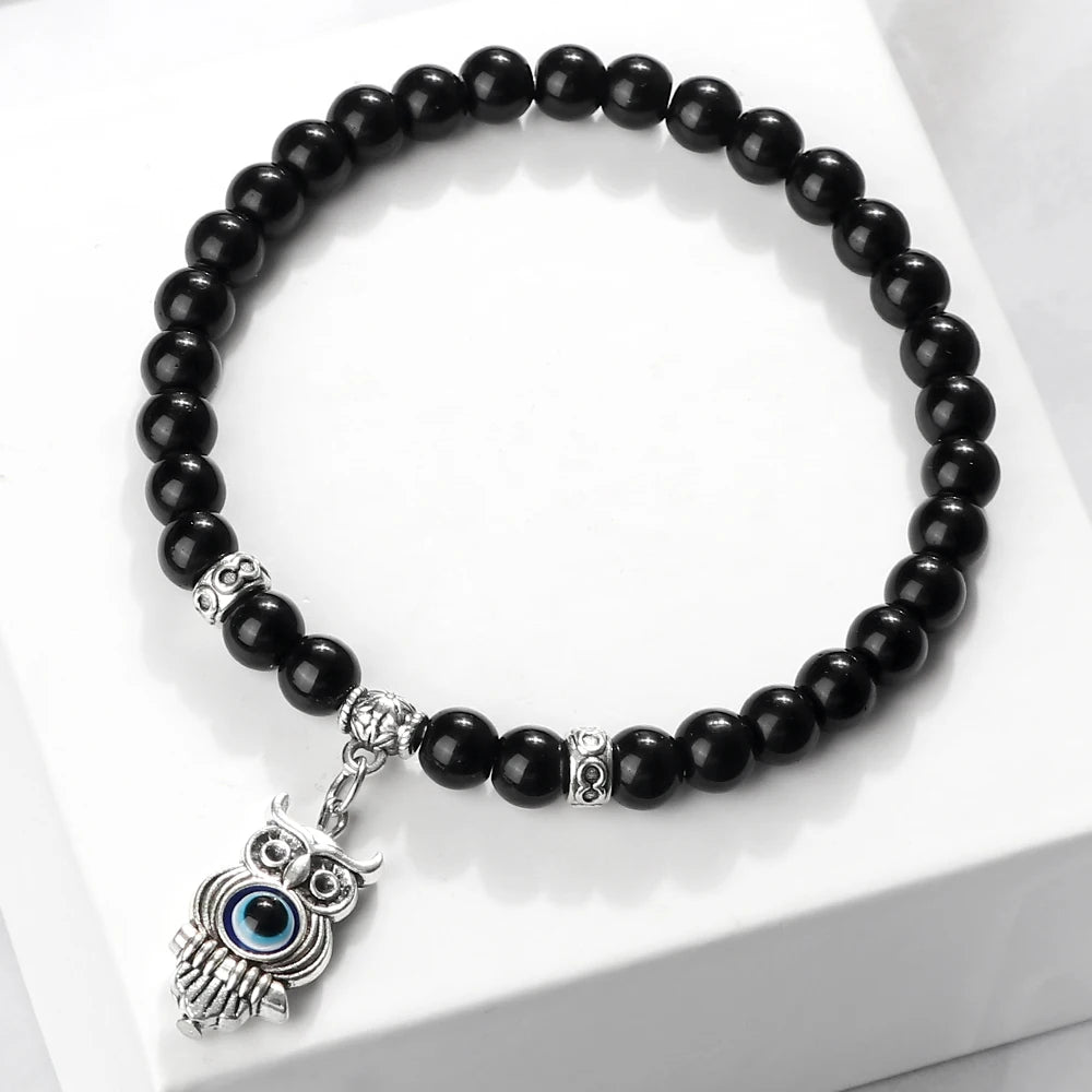 New 6MM Black Polish Beaded Bracelet Lucky Turkish Evil Eye Alloy Pendant Couple Bracelet&Bangles Chain Jewelry Gift for Friend  (GoldenCity)