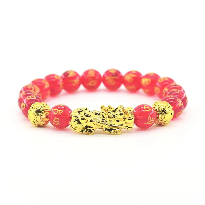 Pixiu Bracelet Feng Shui Wealth and Good Luck Bracelet Homme Wristband Gold Color Obisidian Stone Beads Black Six Character Gift  (GoldenCity)