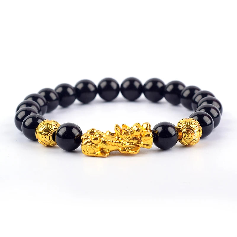 Pixiu Bracelet Feng Shui Wealth and Good Luck Bracelet Homme Wristband Gold Color Obisidian Stone Beads Black Six Character Gift  (GoldenCity)