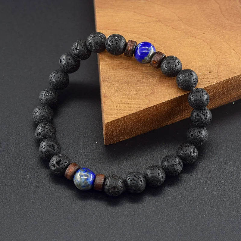Real 5A Natural Lapis Lazuli Stone Beads Bracelet Homme Volcanic Lava Elastic High Quality Energy Healing Jewelry for Women Gift  (GoldenCity)
