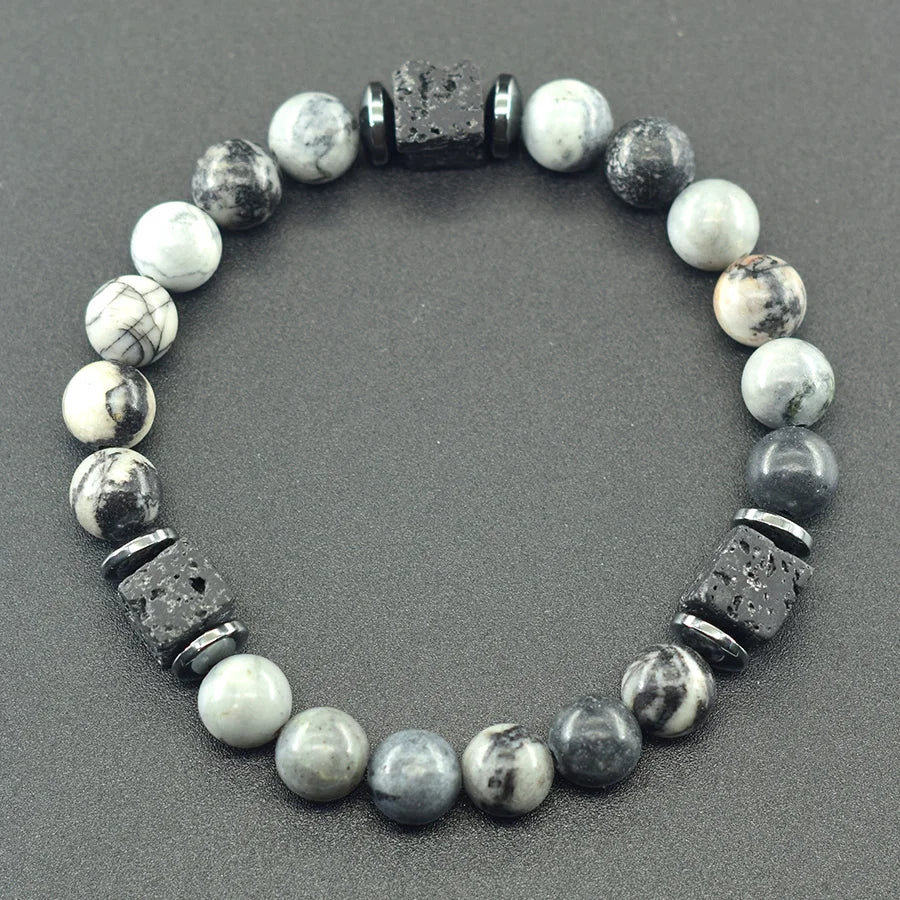 Natural Black Picasso Stone Beads Bracelet Men Retro Black Block Volcanic Lava Jewelry for Women Couple Matching Gift Wholesale  (GoldenCity)