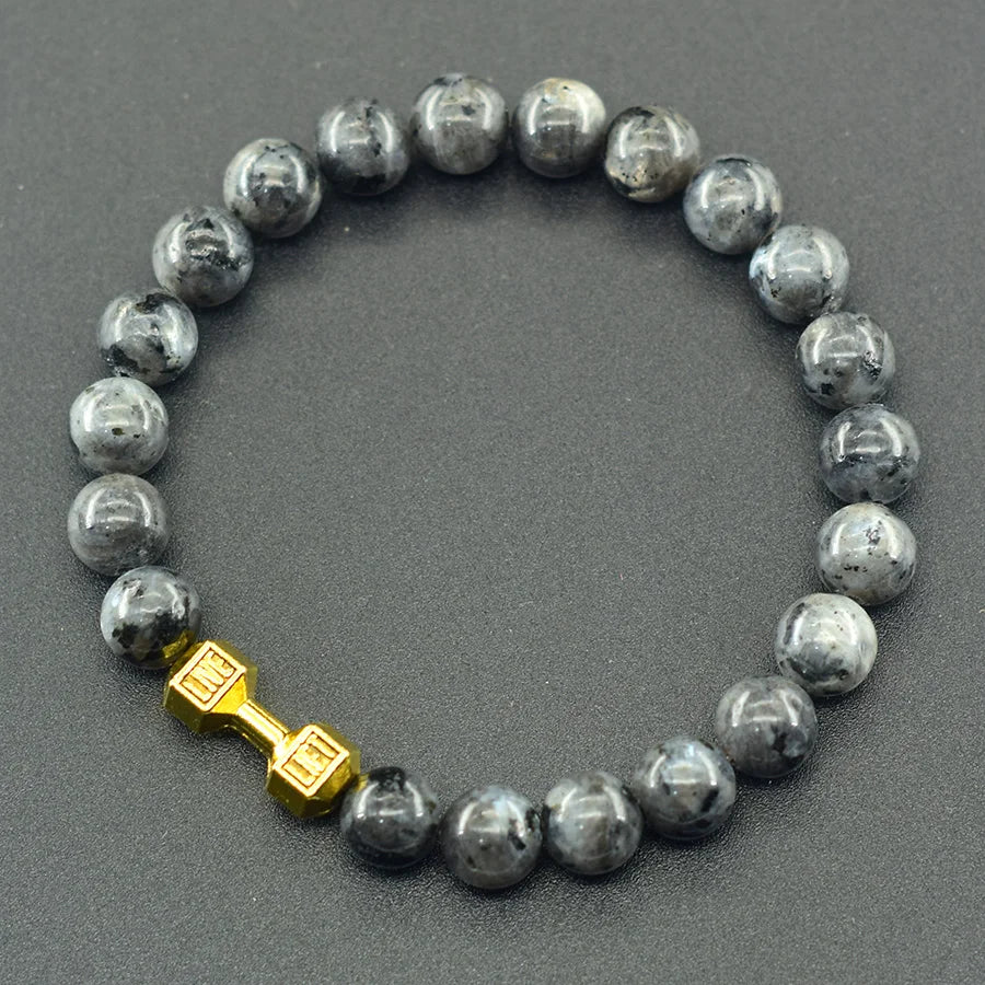 Natural Volcanic Stone Bracelet Men Matte Black Lava Obsidian Beads Charm Dumbbell Strand Bracelet Women Barbell Fitness Jewelry  (GoldenCity)