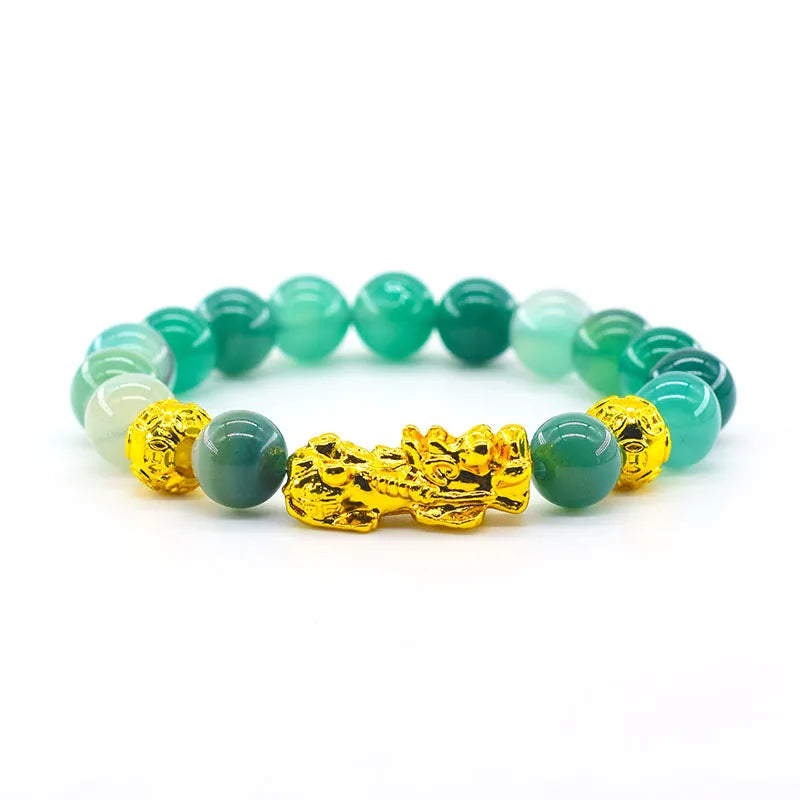 Pixiu Bracelet Feng Shui Wealth and Good Luck Bracelet Homme Wristband Gold Color Obisidian Stone Beads Black Six Character Gift  (GoldenCity)