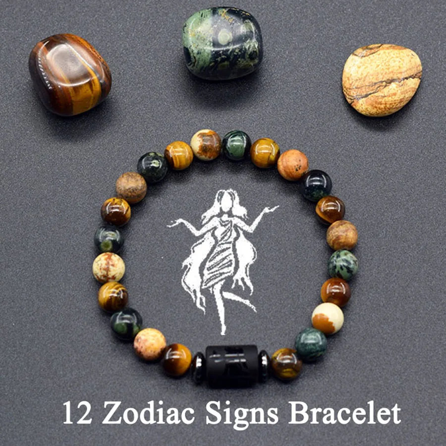 12 Zodiac Constellation Signs Bracelets for Men Women Real Natural Tiger Eye Sparrow Picture Stone Bead Bracelet Leo Taurus Gift  (GoldenCity)