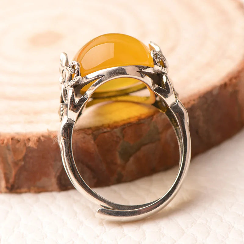 Vintage Jade Egg-shaped Ring Female Index Finger Accessories Temperament Flower Ring Women Jewelry Adjustable  (GoldenCity)