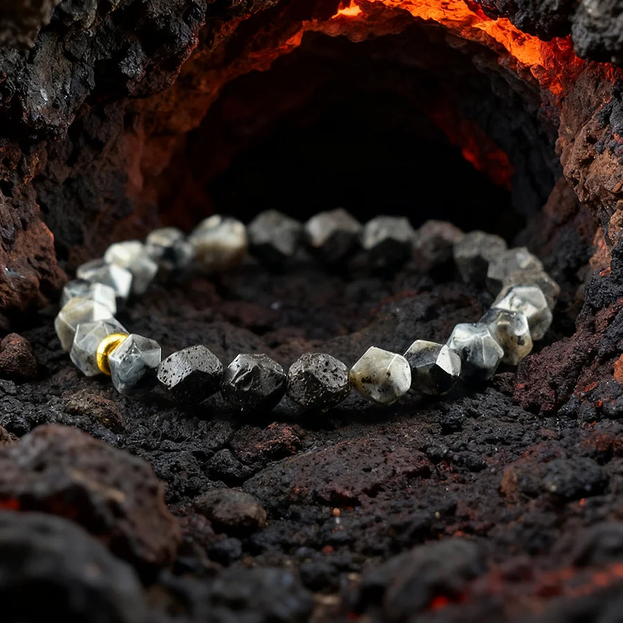 Retro Black Natural Labradorite Moonstone Bead Bracelet Homme Irregular Volcanic Onyx Stone Elastic Handmade Jewelry for Father  (GoldenCity)