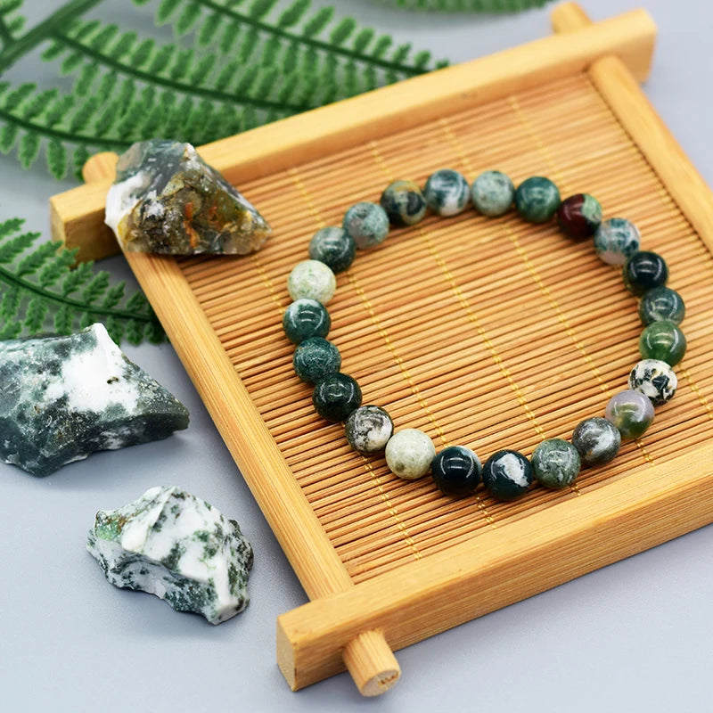 Real Natural Tree Patterned Agate Stone Beaded Bracelet Men Women Natural Lapis Lazuli Moss Agate Jade Energy Healing Jewelry  (GoldenCity)