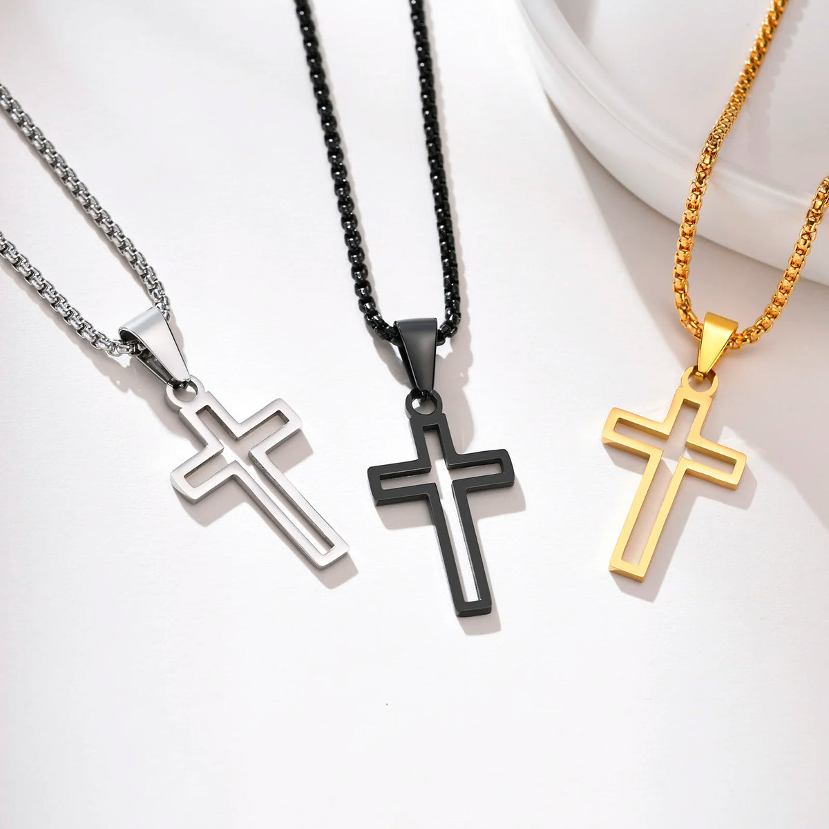 Cutout Cross Necklace for Men Women, Stainless Steel Hollow Cross Pendant with 24" Box Chain, Religious Faith Christ Collar  (GoldenCity)