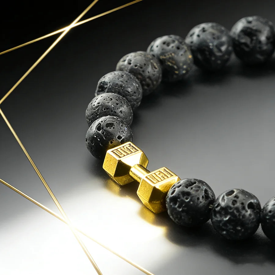 Natural Volcanic Stone Bracelet Men Matte Black Lava Obsidian Beads Charm Dumbbell Strand Bracelet Women Barbell Fitness Jewelry  (GoldenCity)