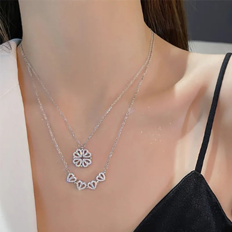 1pc Heart Shaped Four Leaf Clover Pendant Necklace Jewelry Zircon Women Love Clavicle Chain Gifts Openable ChokerJewelry  (GoldenCity)