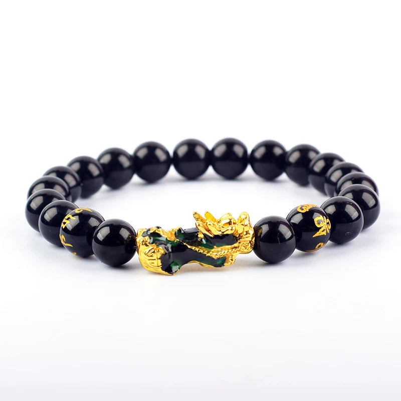 Pixiu Bracelet Feng Shui Wealth and Good Luck Bracelet Homme Wristband Gold Color Obisidian Stone Beads Black Six Character Gift  (GoldenCity)