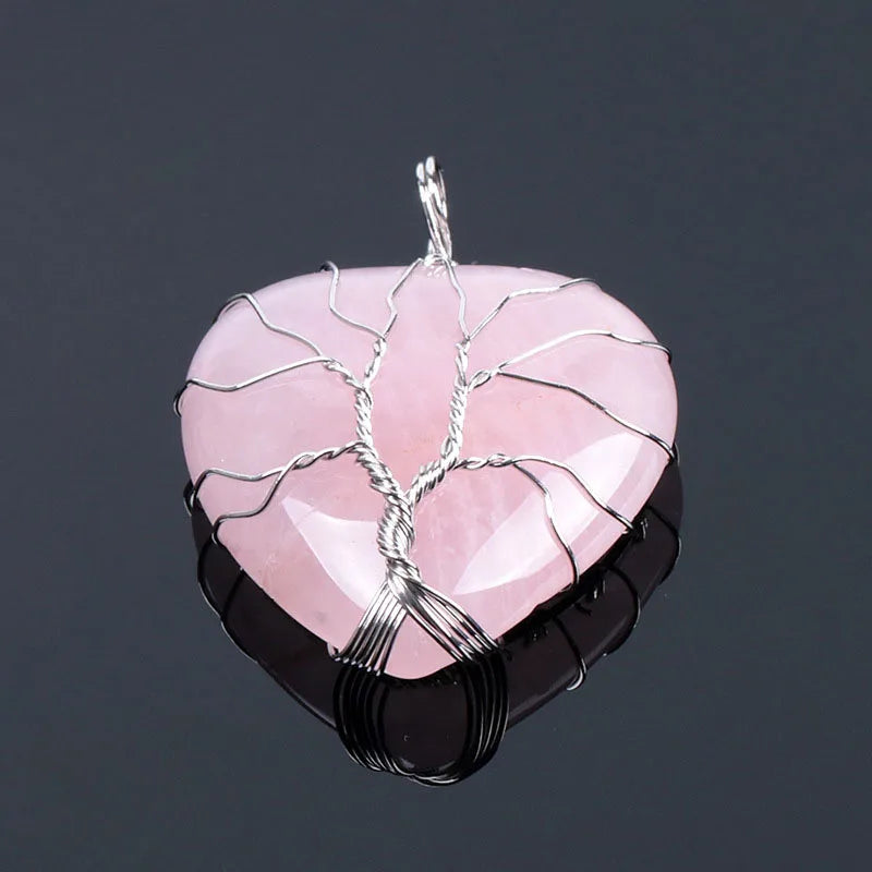 Natural Stone Tree of Life Wire Wrapped Love Heart Necklace Pendant Natural Stone Tiger Eye Pink Quartz Black Agate For Women  (GoldenCity)