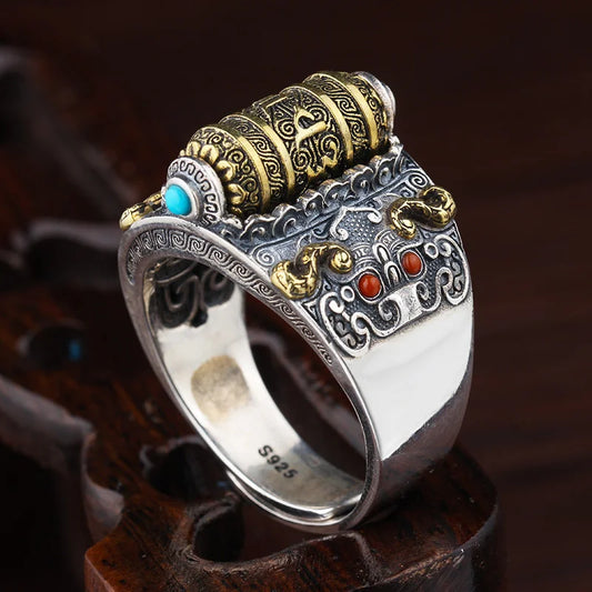 Retro Buddhist Scripture Ring Can Be Rotatable For Men Jewelry Personality Silver 925 Ring Adjustable Male Index Finger Bijou  (GoldenCity)