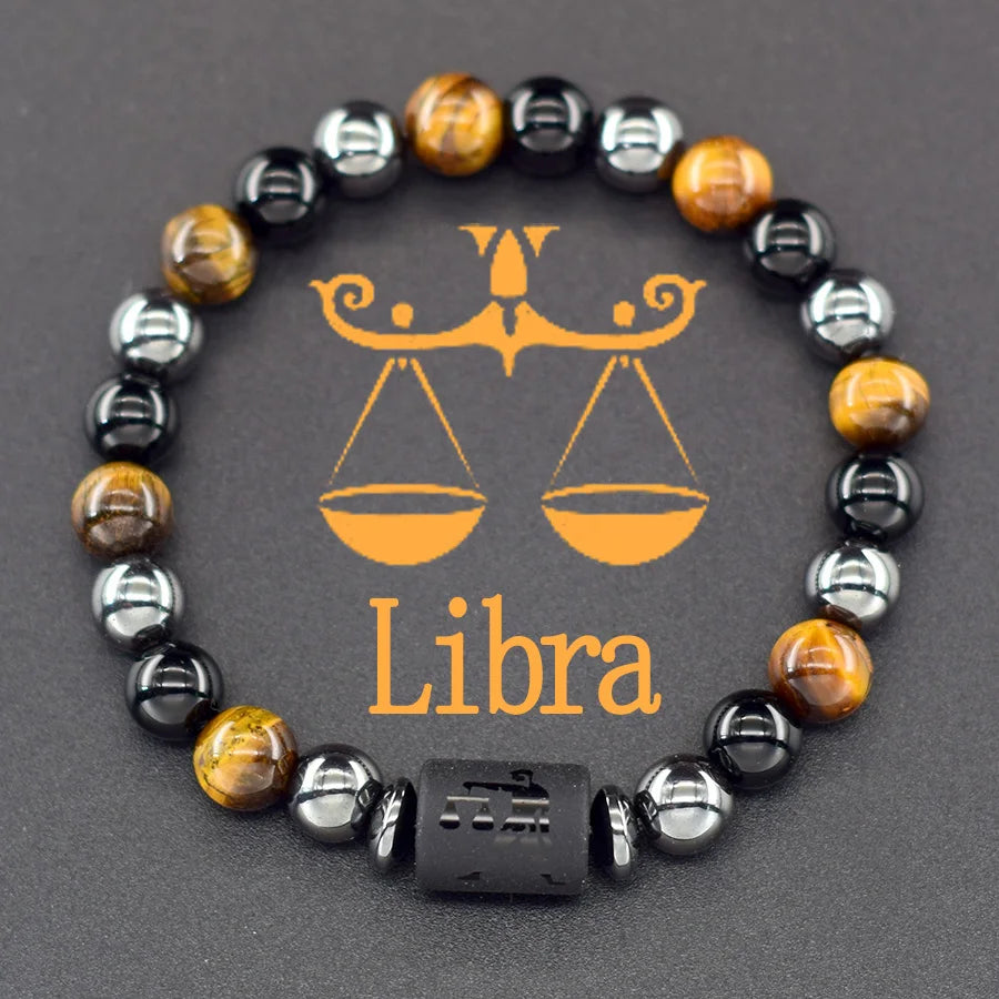 12 Zodiac Sign Bracelet Homme Constellation Bangle Natural Yellow Tiger Eye Stone Hematite Cancer Virgo Leo Libra Bracelet Women  (GoldenCity)
