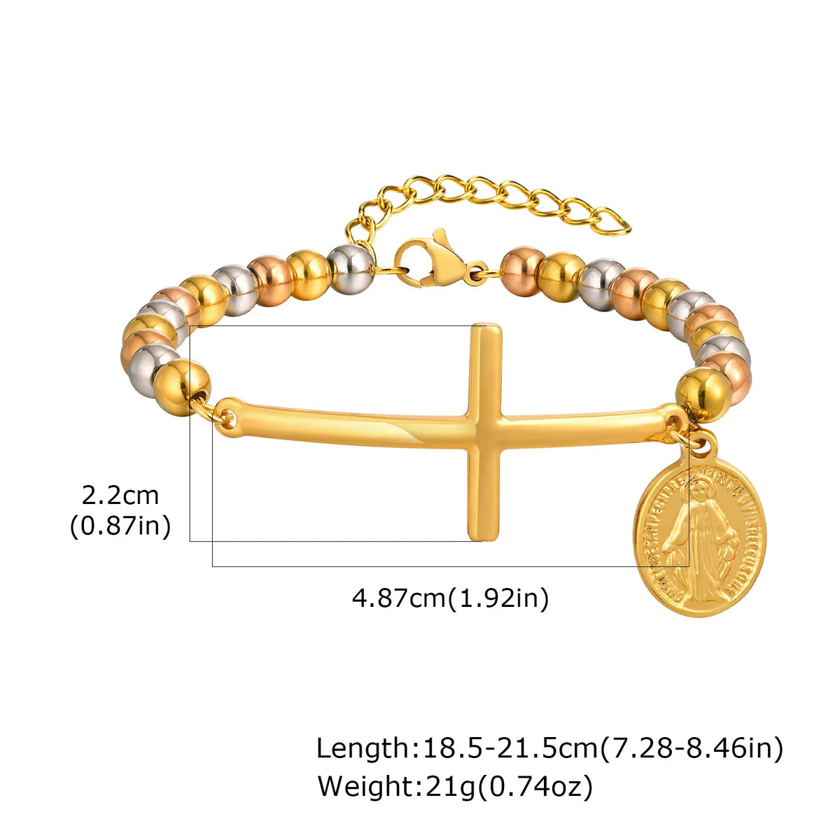 Saint Benedict Cross Bracelets,Stainless Steel Bead Chain Stretch Strand Bracelets For Women Men,Religion Jewelry Christ  (GoldenCity)