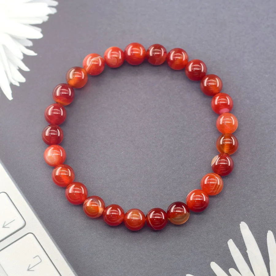 Natural Red Stripes Agate Bead Bracelet Women Men Genuine Red Carnelian Round Agate Jewelry Enhance Mobility Elastic Wristband  (GoldenCity)