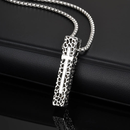 Pillar Shaped Cross Pendant Necklace, Unisex Rectangle Bar Necklaces, Cool Mens Womens Faith Jewlery Gift  (GoldenCity)