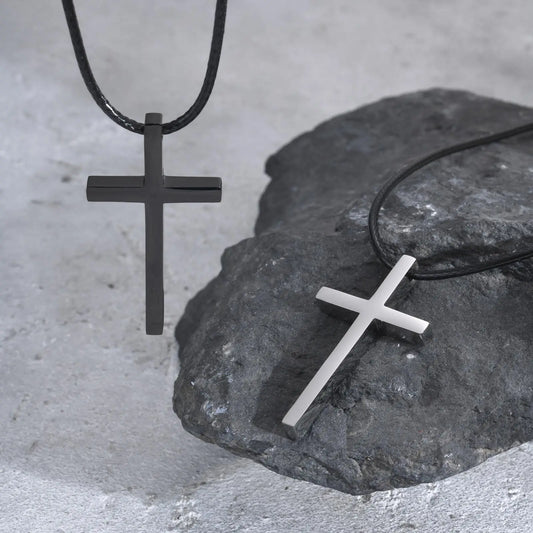Minimalist Stainless Steel Cross Necklaces,Simple Thick Metal Pendant with Adjustable Black Rope Chain,Mens Religon Jewelry  (GoldenCity)