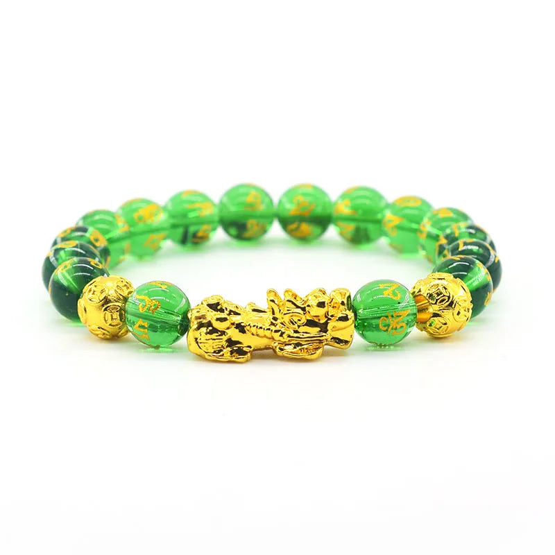 Pixiu Bracelet Feng Shui Wealth and Good Luck Bracelet Homme Wristband Gold Color Obisidian Stone Beads Black Six Character Gift  (GoldenCity)