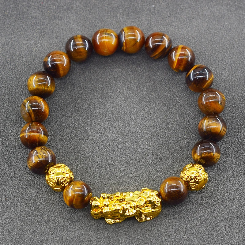 Pixiu Bracelet Feng Shui Wealth and Good Luck Bracelet Homme Wristband Gold Color Obisidian Stone Beads Black Six Character Gift  (GoldenCity)