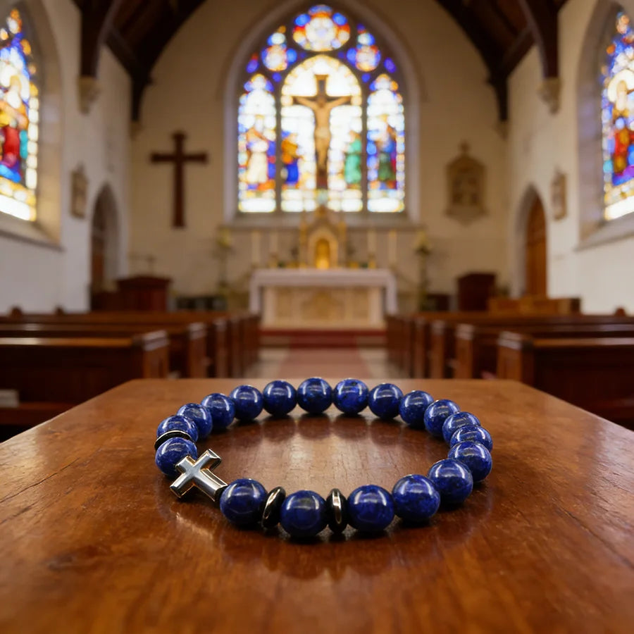 Prayer Cross Charm Natural Stone Beads Bracelet Men Women Rosary Hematite Cross Bracelet Onyx Meditation Bracelet Yoga Jewelry  (GoldenCity)