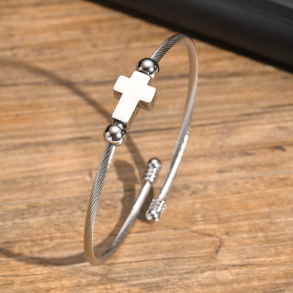 Cable Wire Cuff Bracelet for Men Women,Retro Black Cross Bangles, Unisex Twisted Stainless Steel Faith Christ Jewelry  (GoldenCity)