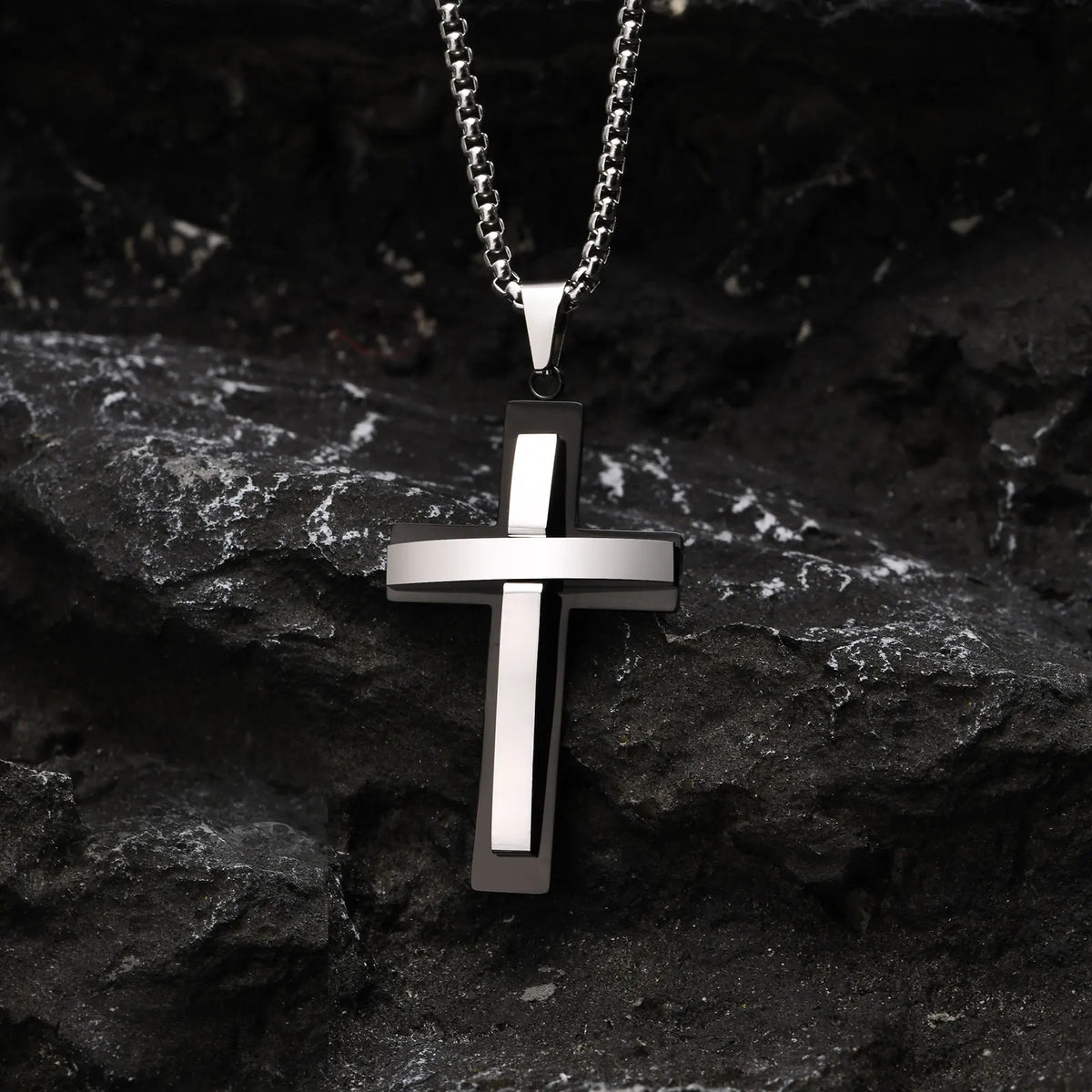 Chunky Double Layers Cross Necklaces for Men, Two Tones Cross Pendant with Box Chain, Religion Prayer Collar  (GoldenCity)