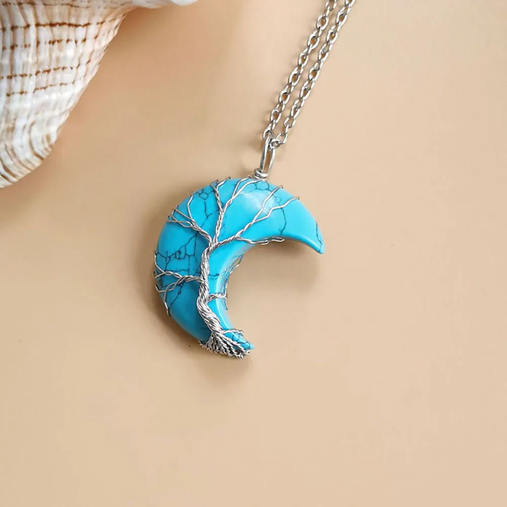 Natural Crystal Pendant Wire Wrap Tree Of Life Big Moon Crescent Mineral Stone Pendulum Amethyst Quartz Necklace For Women Gift  (GoldenCity)