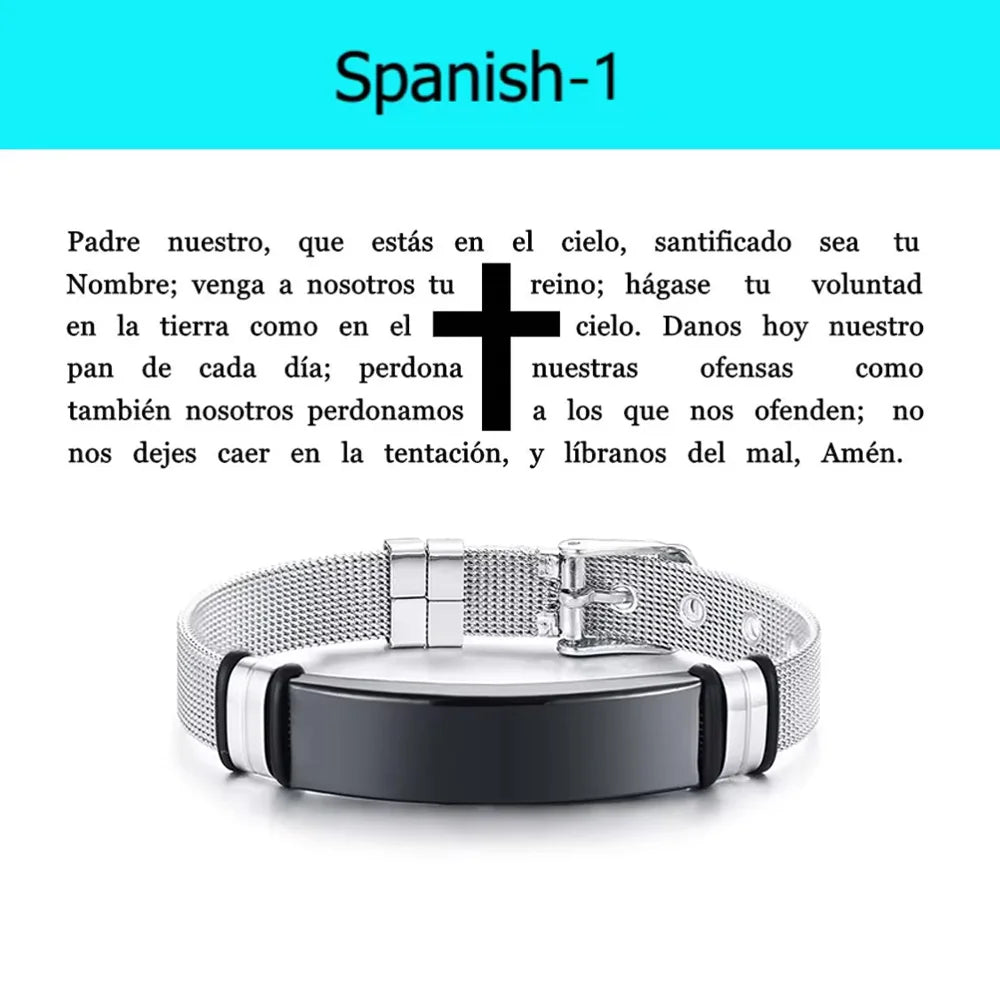 Laser Christian Lord's Prayer Cross Bracelet Men Russian Spanish Hebrew Personalized Gift  (GoldenCity)