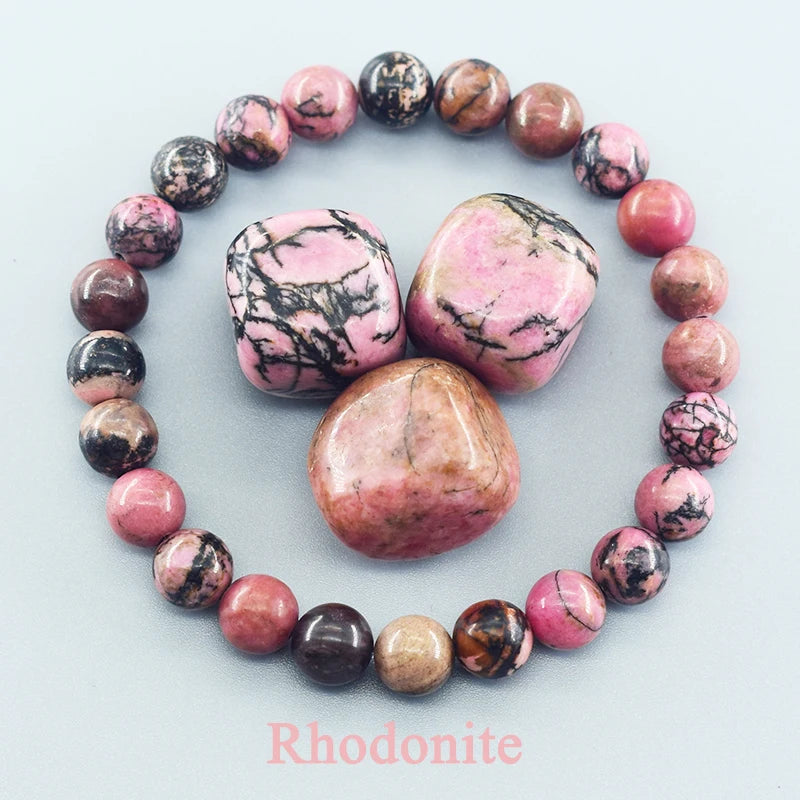 Natural Rhodonite Beaded Bracelets Men Women Energy Stone Beads Stretch Bracelets Yoga Healing Gem Beads Bangle Jewelry Gifts  (GoldenCity)