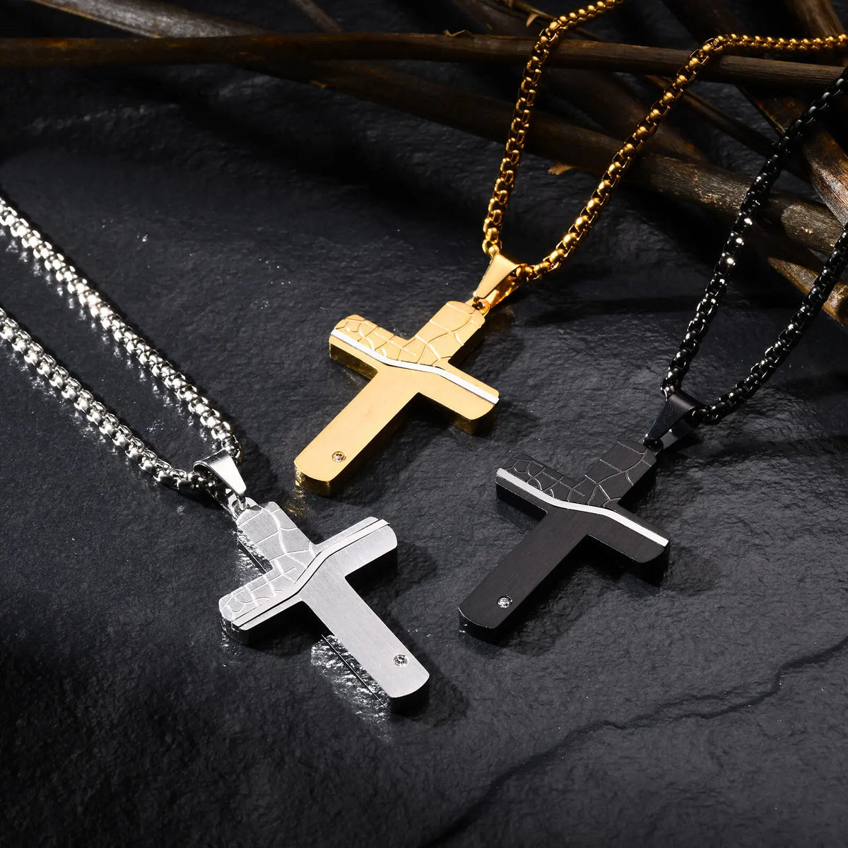 Personality Cross Pendant Necklaces for Men,Bold Thicken Stainless Steel Map Texture Cross Necklaces,Christ Religion Collar  (GoldenCity)