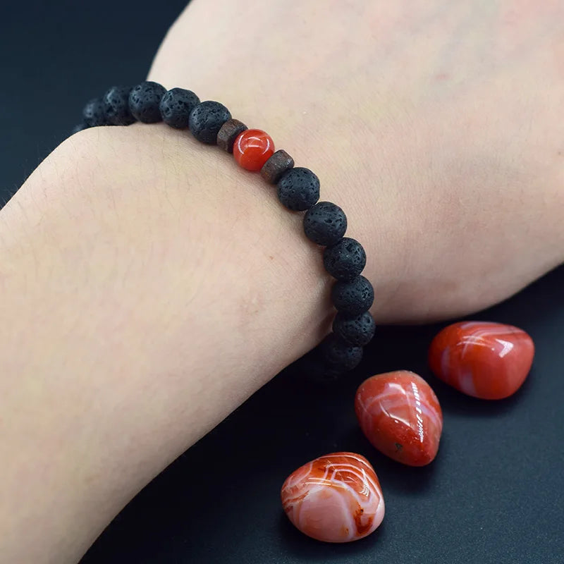 Natural Stone Red Stripe Agate Beads Bracelet Women Men Genuine Red Carnelian Round Bangle Natural Volcanic Stone Bracelet Gift  (GoldenCity)