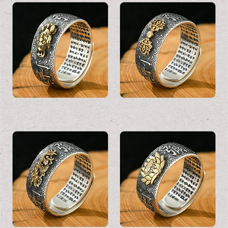 Namo Amitabha Lotus Ring For Men Jewelry Retro Dragon Buddha Buddhist Heart Sutra Ring Male Index Finger Accessories Open Size  (GoldenCity)