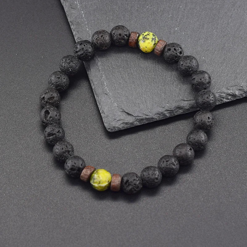 Yellow Grass Turquoises Natural Beads Bracelet Women Wooden Accessories Volcanic Lava Beads Elastic Rope Bangles Friendship Gift  (GoldenCity)