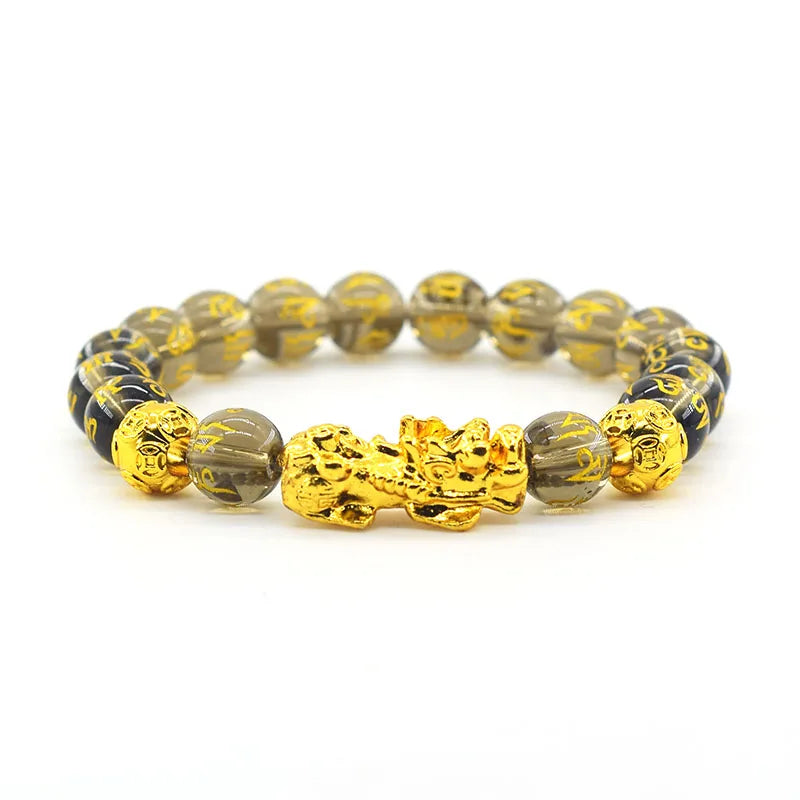 Pixiu Bracelet Feng Shui Wealth and Good Luck Bracelet Homme Wristband Gold Color Obisidian Stone Beads Black Six Character Gift  (GoldenCity)